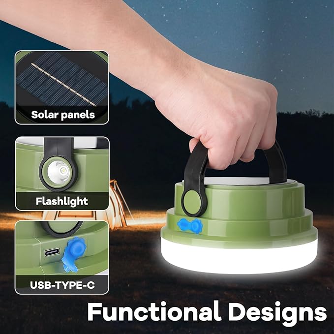 Solar Camping Lantern Rechargeable, 2-in-1 10000mAh Rechargeable Camping Light and Phone Charger for Hiking,Travel - Emergency Hanging Light for Hurricane, Power Outage, 200W, Green
