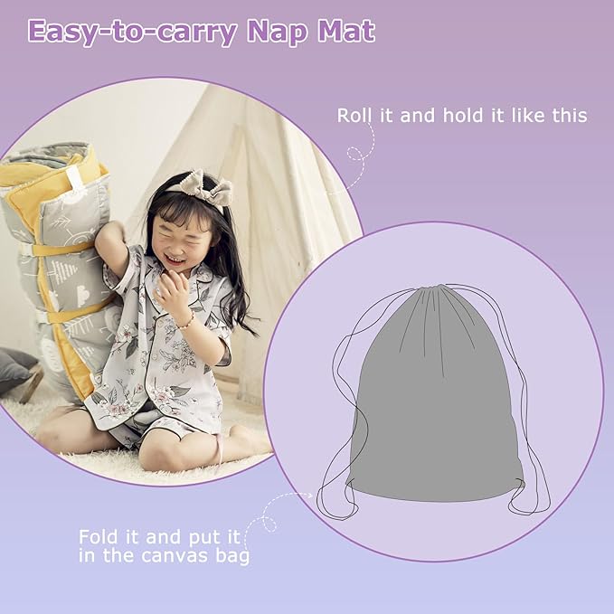Toddlers Nap Mat with Removable Pillow and Soft Blanket, Lightweight Daycare Preschool Kindergarten Sleeping Bag, Travel Slumber for Kids Girls Boys