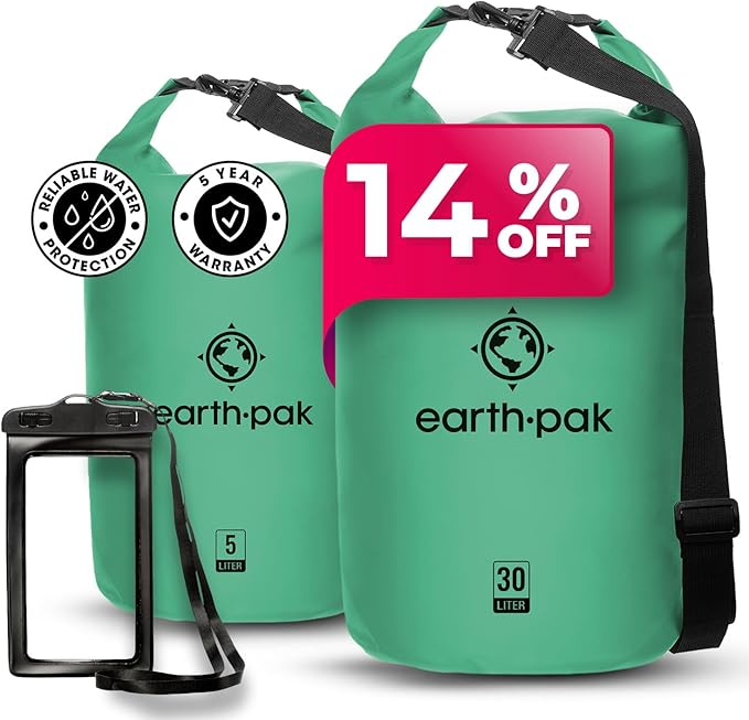 Earth Pak Waterproof Dry Bag - Roll Top Waterproof Backpack Sack (Seafoam Green 30L & 5L)