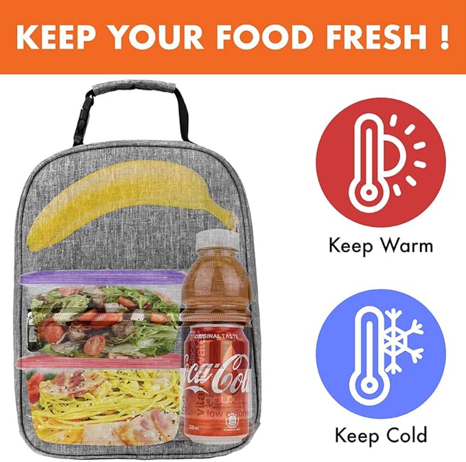 opux Lunch Box for Girls Boys Kids, Insulated Leakproof Lunch Bag, Reusable Teen Lunch Boxes for School, Medium Large lunchbox for Women Men Adult for Work with Front Back Pocket (Gray)