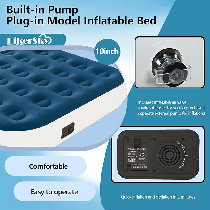Full Air Mattress with Built in Pump,10" Blow up Air Bed, 2 Mins Quick Self-Inflation/Deflation, Foldable Inflatable Mattress for Home/Travel, 10'' Full Blue
