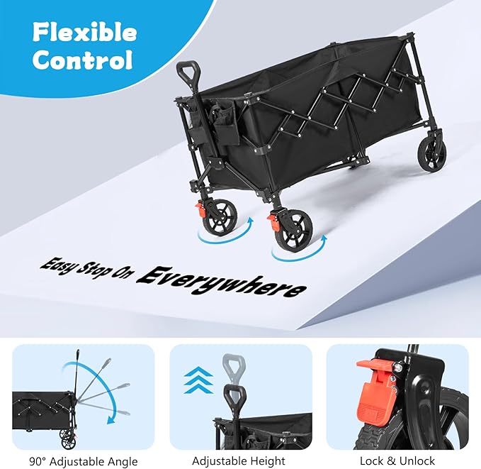 Collapsible Wagon Cart Foldable, 220L Extra Large Heavy Duty Utility Wagons with 350lbs Weight Capacity, Portable Large Capacity Garden Cart for Camping Beach Grocery Shopping, Black