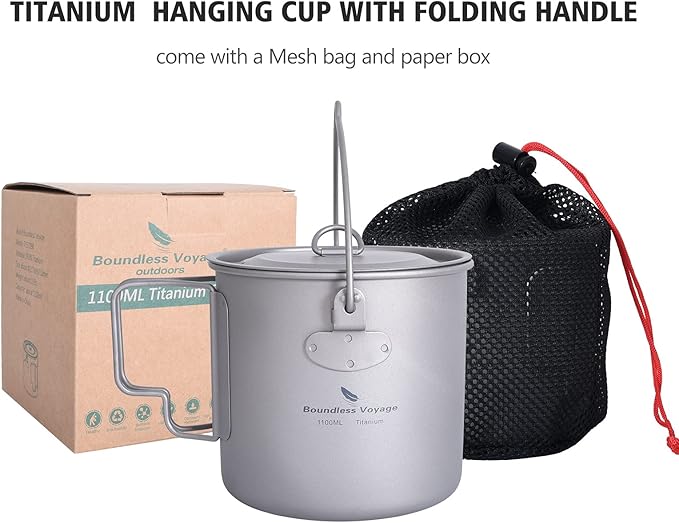 iBasingo 1100ml Titanium Mug Camping Cup Tea Coffee Water Pot with Lid Ultralight Outdoor Travel Tableware with Foldable Handle Picnic Backpacking Trekking Portable Drinkware Survival Gear Ti3041D