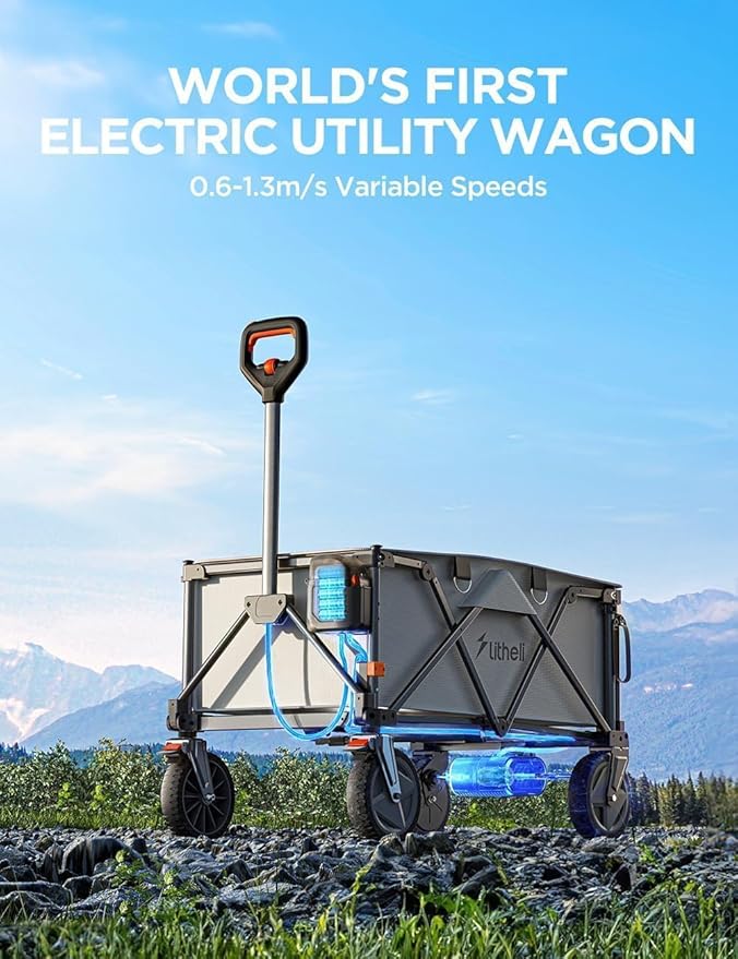 Litheli Electric Collapsible Wagon Cart, 200L Heavy Duty Utility Cart with All-Terrain Wheels, Beach Wagon with Self-Propelled, Variable Speed for Camping, Shopping, Sports, Garden, (1 U-Battery)
