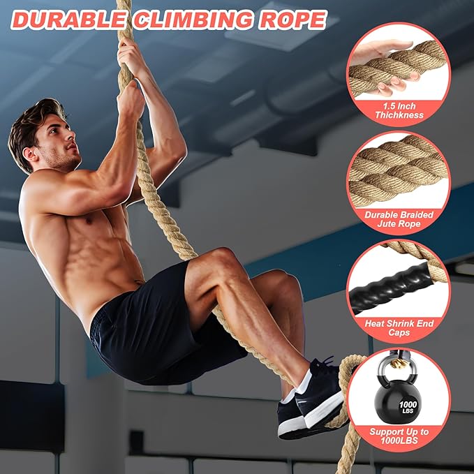 Workout Fitness Climbing Rope 10FT 15FT 20FT 25FT 30FT, 1.5" Diameter Gym Climbing Rope for Strength Training,Exercise Climbing Rope for Adults Outdoor Indoor