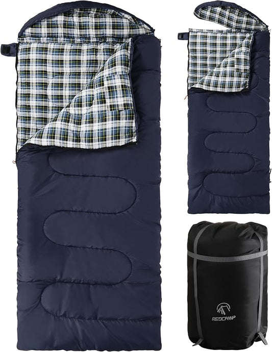 REDCAMP Flannel Sleeping Bag for Adults, Comfortable Cotton Sleeping Bags for Camping with Detachable Hood, Red/Grey/Blue