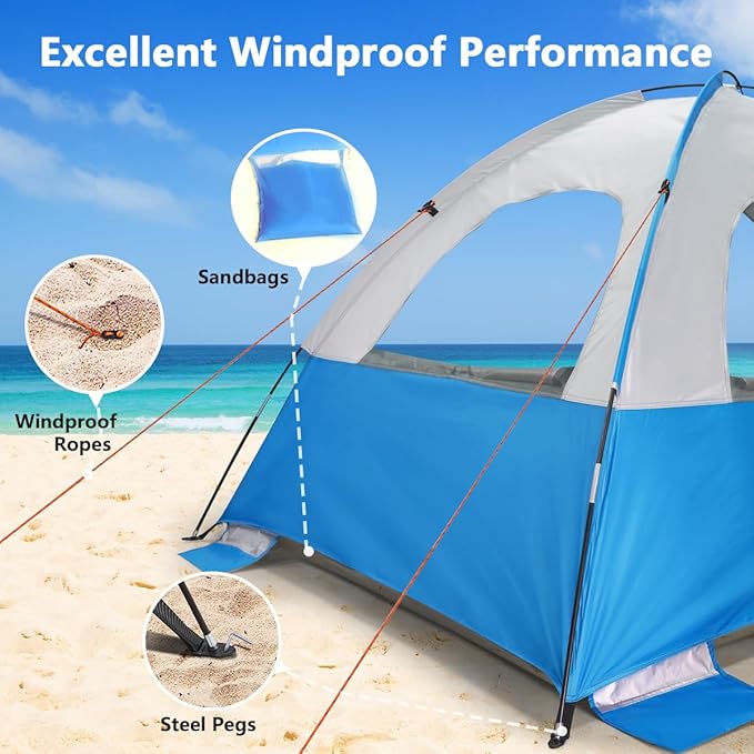 NXONE Beach Tent Sun Shade Shelter for 2-3 Person with UV Protection, Extended Floor, 3 Mesh Roll Up Windows & 8.0mm Fiberglass Rods丨Carry Bag Included (Blue White)