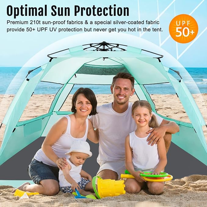 WhiteFang Deluxe Pop Up Beach Tent Sun Shade Shelter for 3-4/5-6 Person, UV Protection, Extendable Floor with 3 Ventilating Windows Plus Carrying Bag, Stakes, and Guy Lines