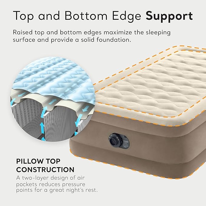 INTEX Dura-Beam Deluxe Ultra Plush Air Mattress : Fiber-Tech – Built-in Electric Pump – 18in Bed Height – 300lb Weight Capacity – Twin Size