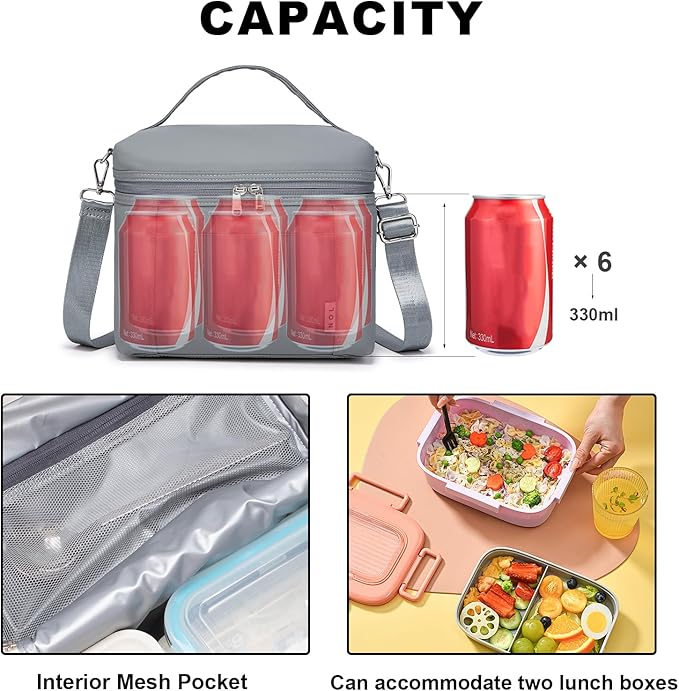 NOL Natural Organic Lifestyle Insulated Lunch Bags for Women Cooler Bag Lightweight Nylon Waterproof Lunch Box For Work (Small, Light gray)