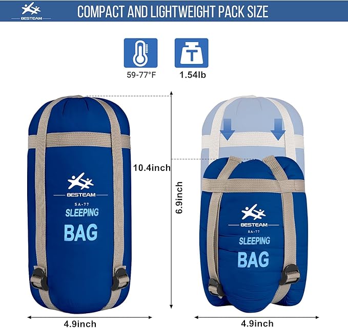 Warm Weather Sleeping Bag - Portable Waterproof Compact Lightweight, Packable for Kids, Teens Adults Camping Backpacking Hiking, Spring Summer Fall