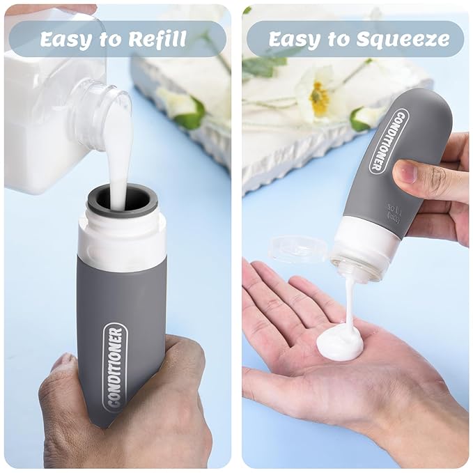 Silicone Travel Bottles for Toiletries with Labels, 3oz TSA Approved Squeezable Travel Size Containers, Leak Proof Travel Shampoo and Conditioner Bottles with Toiletry Bag (4 Pack, Dark Color)