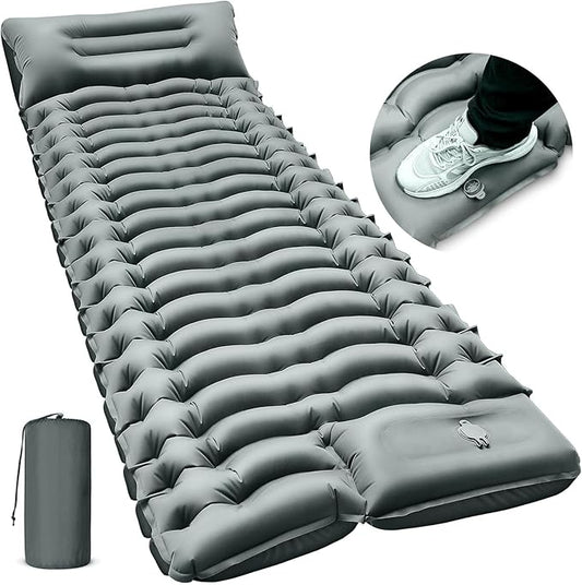 Camping Sleeping Pad, Ultralight Camping Mat with Pillow Built-in Foot Pump Inflatable Sleeping Pads Compact for Camping Backpacking Hiking Traveling - Gray