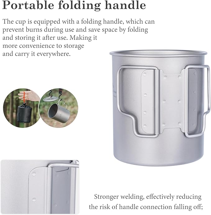 iBasingo 750ml Titanium Pot Camping Mug with Lid Tea Outdoor Ultra-light Coffee Water Cup Portable Hiking Backpacking Cooking Kit Picnic Cooking Kit with Foldable Handle Ti3037D