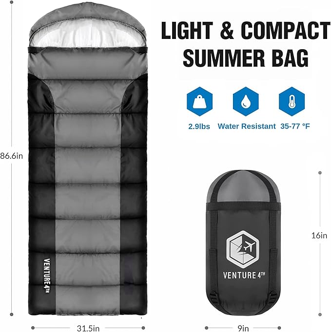 VENTURE 4TH Backpacking Sleeping Bag – XXL, Double and Single Sizes - Lightweight Warm & Cold Weather Sleeping Bags for Adults, Kids & Couples – Ideal for Hiking, Camping & Outdoor Adventures