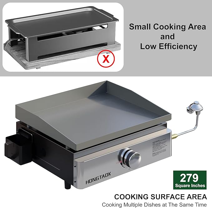 18 Inch Portable Propane Gas Grill with Lid & Stainless Steel Front Plate, Propane Table Top Griddle for Outdoor, Cooking, BBQ, Camping