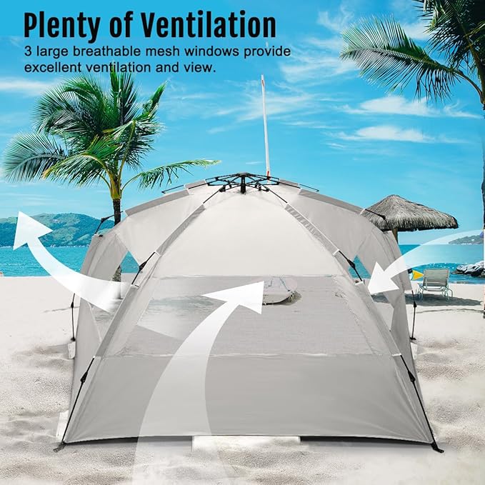 WhiteFang Deluxe Pop Up Beach Tent Sun Shade Shelter for 3-4/5-6 Person, UV Protection, Extendable Floor with 3 Ventilating Windows Plus Carrying Bag, Stakes, and Guy Lines