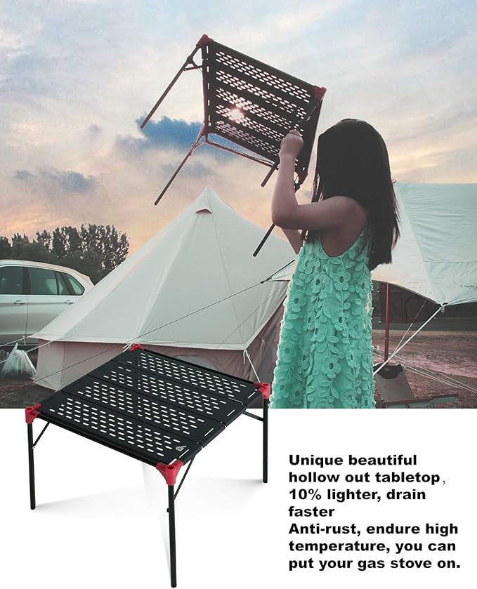 iClimb Extendable Folding Table Large Tabletop Area Ultralight Compact with Hollow Out Tabletop for Camping Backpacking Beach Concert BBQ Party, Three Size (Black - L + Hanger)