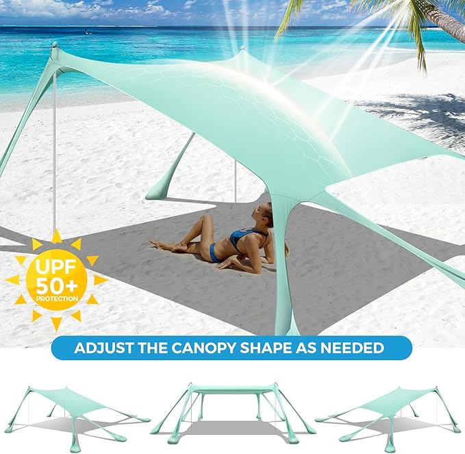 Large Beach Tent Canopy Pop Up Shade 10x10ft Sun Shelter Portable with UPF50+ UV Protection 8 Sandbags 4 Aluminum Poles 2 Sand Shovel Ground Pegs Carrying Bag for Outdoor Camping Fishing Yard Picnics