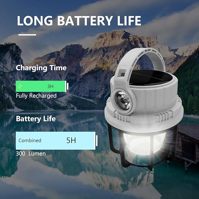 LED Camping Lantern Rechargeable, Solar Camping Lantern with USB Cable, 6 Light Modes Included with Two Light Source Modes for Hurricane, Power Outages