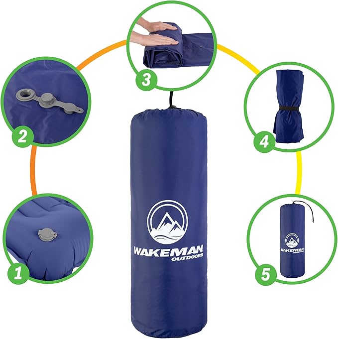 Wakeman Sleeping Pad for Camping - Inflatable Mat with Built-in Foot Pump - Waterproof Camp Mattress - Camping Gear Must Haves Outdoors (Blue)
