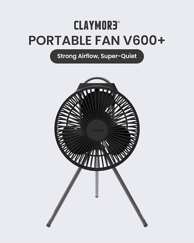 Claymore Portable Fan V600+ (Black) - Portable Fan with Airflow for Outdoors Use & Indoor Living Room, Desk, Table Fan. Super Quiet, USB-C Charging, Long-Lasting Battery, Includes Storage Case.