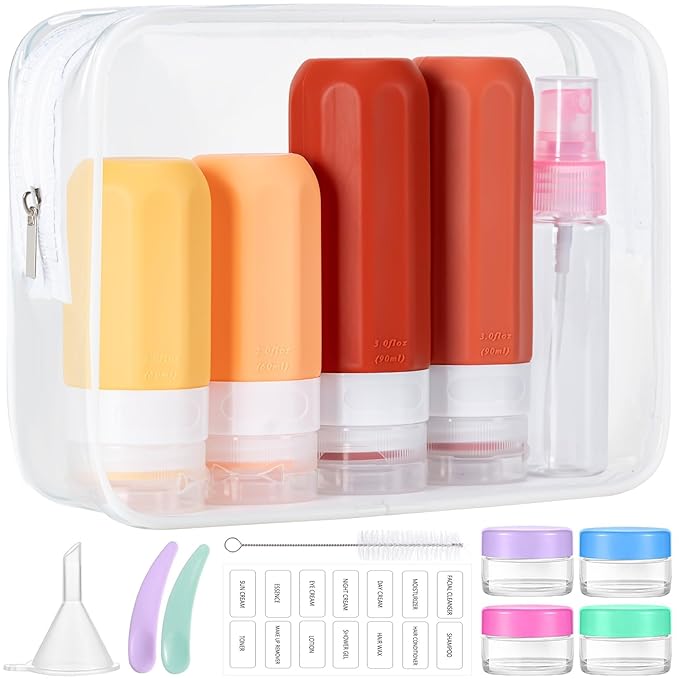 MODENGKONGJIAN 16 Pack Travel Bottles for Toiletries,TSA Approved Silicone Squeezable Travel Shampoo Bottles, 3oz Leak Proof Refillable Toiletry Cosmetic Containers (16PCS/Brown)