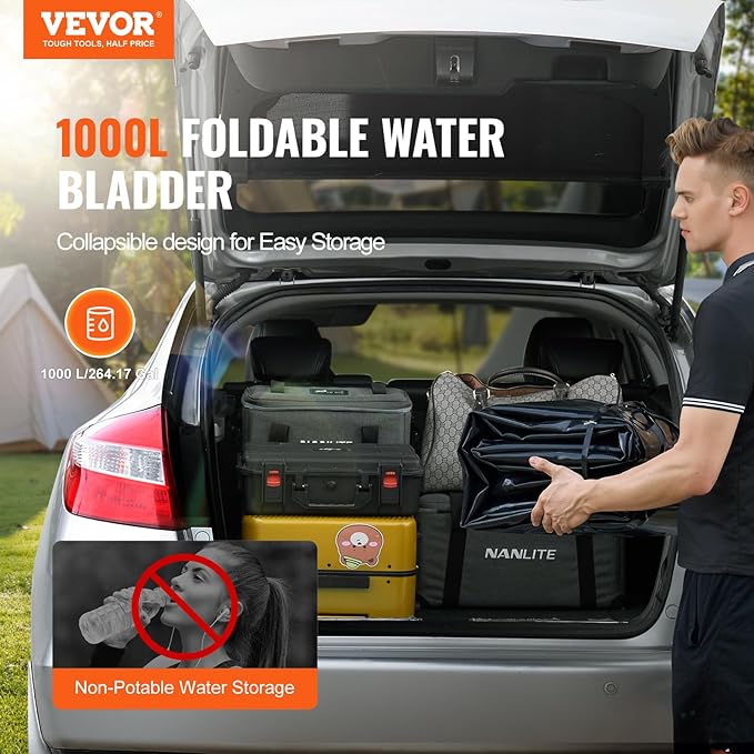 VEVOR 1000L/264 Gallon Water Storage Bladder, RV Water Tank, 1000D PVC Collapsible Water Storage Containers, Large Capacity Soft Water Bag, Portable Water Bladder,Camping,Emergency Water Supply