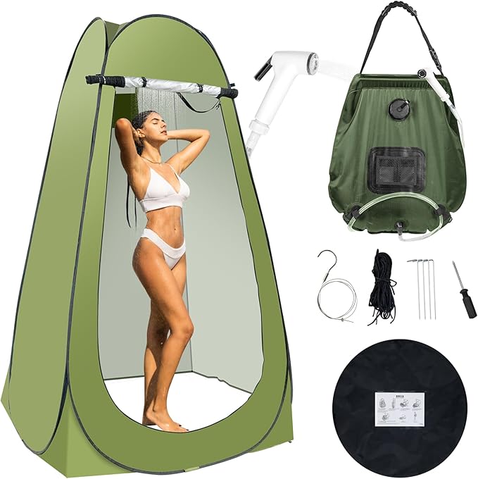 Portable Camping Privacy Tent, Outdoor Shower Tent Kit with 5 Gallon Shower Bag-(Nozzle Upgraded)