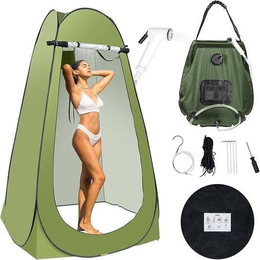 Portable Camping Privacy Tent, Outdoor Shower Tent Kit with 5 Gallon Shower Bag-(Nozzle Upgraded)