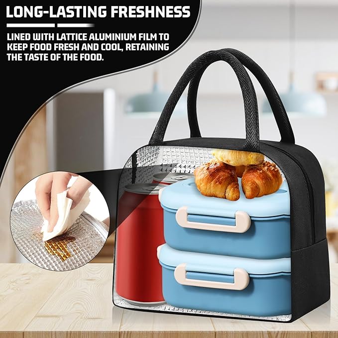 Insulated Lunch Bag for Men Women, Small Portable Reusable Lunch Cooler Tote Bag, Leakproof Thermal Lunch Box for Work Picnic Travel, Black
