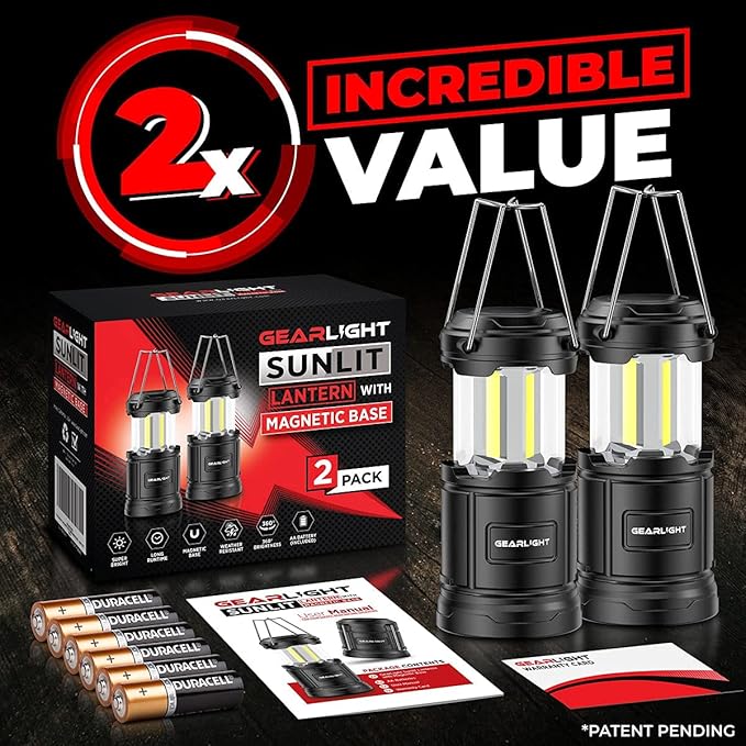 GearLight Camping Lantern - 2 Portable LED Battery Powered Lantern with Magnetic Base and Foldable Hook for Emergency Use or Campsites, Essential Hurricane Survival Kit with Batteries