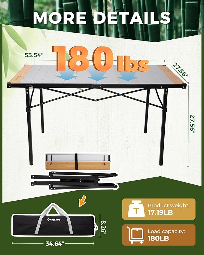 KingCamp Folding Camping Table, Aluminum Roll-Up Camp Table, Large Foldable Table for 6-8 Person, Outdoor Portable Tables with Carry Bag, 180 LBS Heavy Duty Load (Bamboo：53.5“x27.5”，6-8 People)