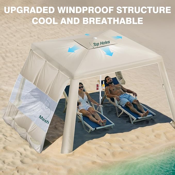 Rhino Valley Beach Cabana, 8 × 8FT Foldable Beach Tent with Cup Holder, Beach Canopy Easy Setup with UPF50+ Protection, Windproof Stable Beach Tent, Portable Beach Cabana Tent for Beach Camping