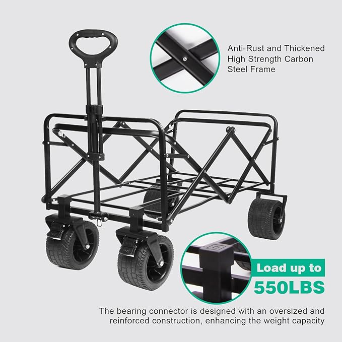 MMQ Heavy-Duty Folding 550 Lbs Collapsible Wagon with Big Wheels - Robust Construction, Spacious Interior, Adjustable Rolling Carts, Outdoor Folding Camping Wagons, Portable Utility Cart (Black)