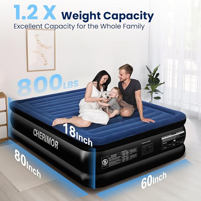 Queen Air Mattress with Built in Pump, 18" Raised Comfort, Multi-Layer Leakproof, Heavy-Duty Support Blow up Mattress, 800lbs High Capacity, 3 Min Inflation for Home Camping Guests