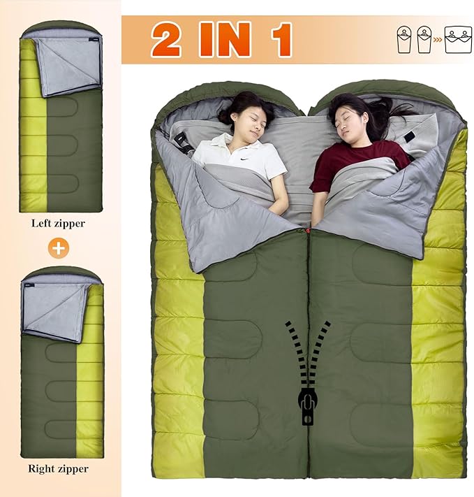 XL 10 Degree Sleeping Bags Waterproof for Adults 350GSM Machine Washable with Compression Sack for 3-4 Season Camping Outdoor