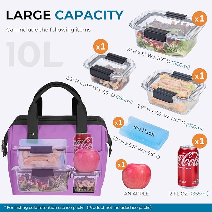 ECHSRT Large Insulated Lunch Bag for Women Men Leakproof Cooler Lunch Tote Bags for Work Travel Adult Thermal Lunchbox for Office -10L Purple