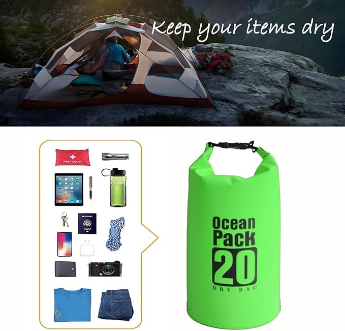 Floating Waterproof Dry Bag Backpack 5L/10L/20L, Roll Top Bag for Kayaking, Rafting, Boating, Swimming, Camping, Hiking, Beach, Fishing, Waterproof Beach Bag. (Green, 20L)