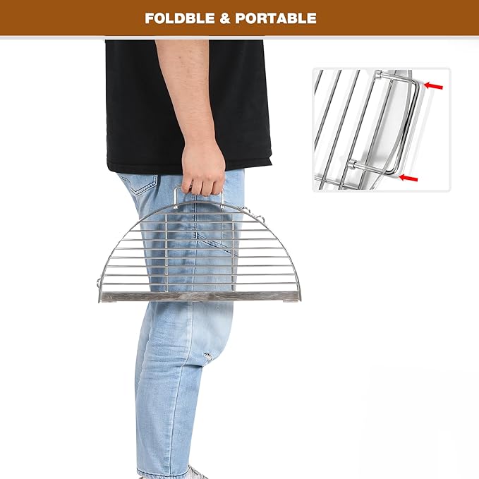 REDCAMP Foldable Fire Pit Cooking Grill Grate 17 Inch, Campfire BBQ Grill with Portable Handle & Support Wire, Heavy Duty Stainless Steel Round Campfire BBQ Grill for Outdoor Picnic Party & Gathering