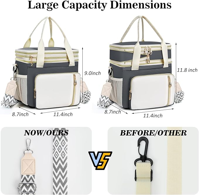LOKASS Lunch Box for Women/Men-16L-Insulated Lunch Bag, Expandable Double-Layer Leakproof Cooler Bag with Upgrade Adjustable Shoulder Strap Ideal for Work/Travel/Picnics（Gray&White）