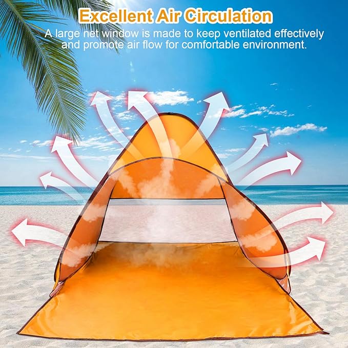 Pop Up Beach Tent for 2-3 Person, UPF50+ Anti-UV Sun Shelter w/Storage Bag, Portable Waterproof Instant Sun Shade Canopy for Outdoor Beach Camping Hiking Travel Family, Orange