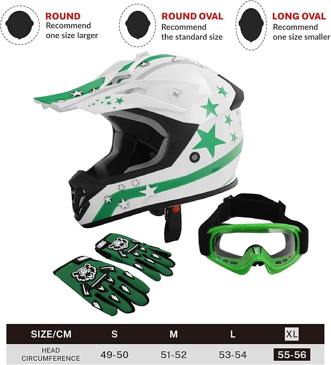 TCT-MOTORPARTS DOT Youth Kids Motocross ATV Helmets Offroad Street Dirt Bike Go-Kart BMX MX Full Face Helmet White w/Green Star X-Large Size