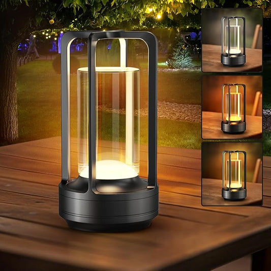 Portable Table Lamp for Outdoor Indoor: Cordless Rechargeable Desk Lamp with 3 Color Stepless Dimmable - Metal Battery Operated Small Lantern Light for Restaurant/Bedroom/Bar/Coffee Shop/Camping