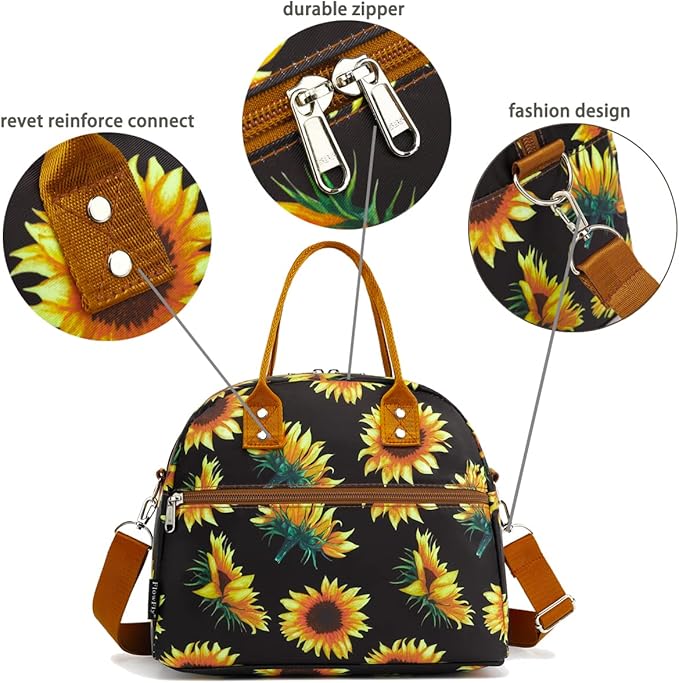 FlowFly Insulated Lunch Bag With Shoulder Strap for Women, Men, and Kids, Large and Reusable, Handle, Freezable Work and School Travel Tote and Meal Prep Organizer,Sunflower