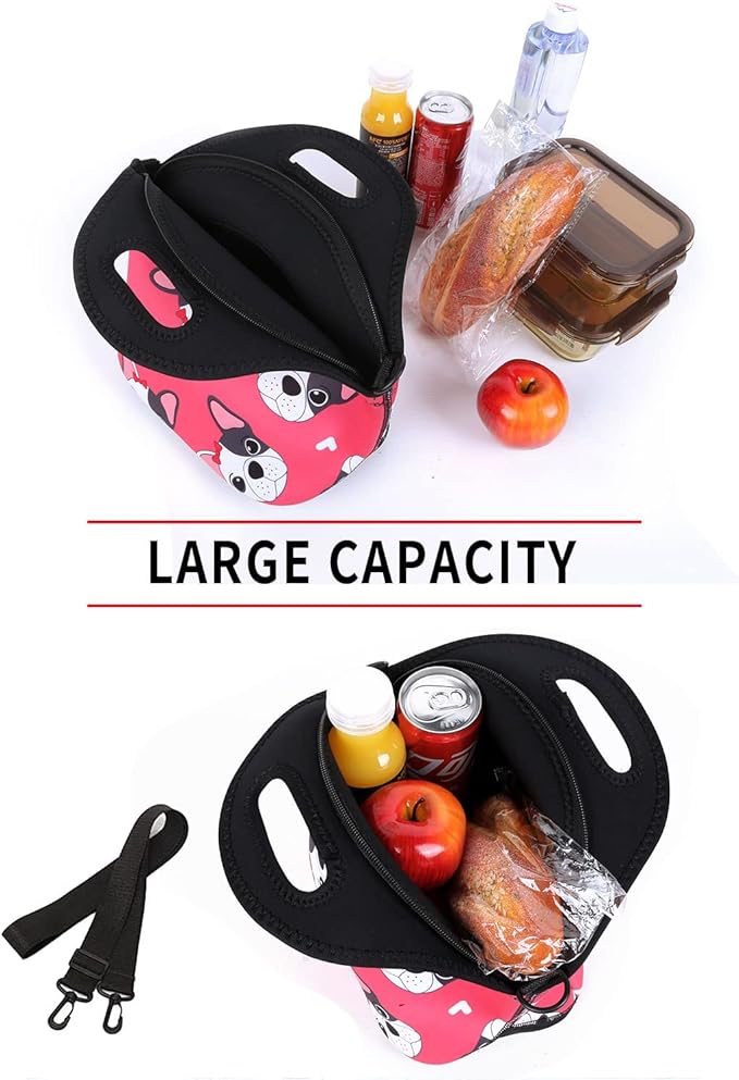 Violet Mist Neoprene Lunch Bag Reusable Insulated Lunch Box with Adjustable Shoulder Strap&Pocket for Women,Men,Adults,Cute Cartoon Dog Pink Snack Bags Anime Animal Work Picnic Travel Food Handbags