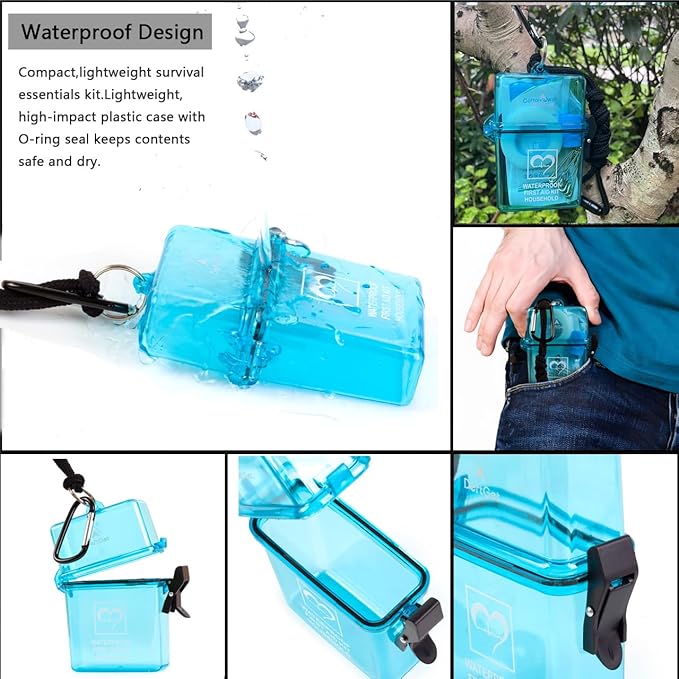 DEFTGET Waterproof First Aid Kit Travel Essentials HSA/FSA Eligible Small Emergency Survival Kits Mini Durable Lightweight for Minor Injuries Camping Hiking Backpacking (Aqua-Blue)
