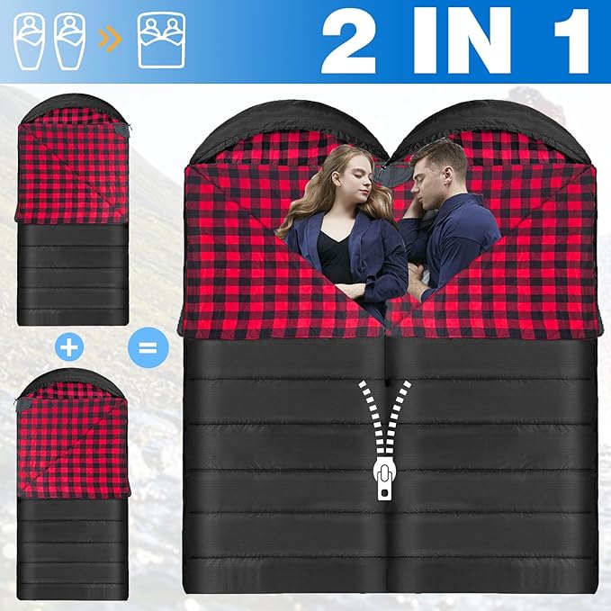 Flannel Sleeping Bag 0 Degree Cold Weather for Adults XXL Sleeping Bag 4 Season Big and Tall with Compression Sack