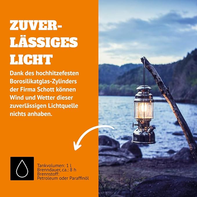 Petromax HK500 Pressurized Lantern, 500 Candlepower with 1 Quart Kerosene Tank for Home, Camping or Emergency Lighting, Hand Assembled High Pressure 400 Watt Lamp, Polished Brass