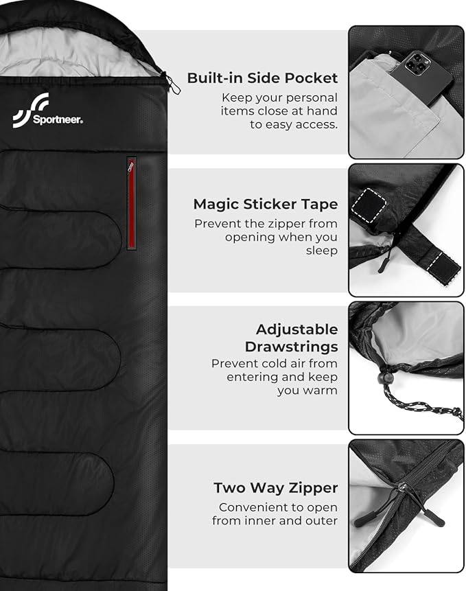 Sportneer Sleeping Bag - Wearable for Adults & Kids with Arm Zipper Holes in Cold & Warm Weather, Waterproof Portable Sleeping Bag for Camping, Hiking, Backpacking, Outdoor Travel